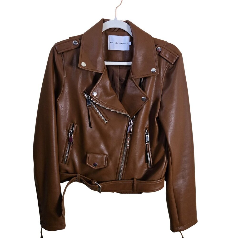 Rebecca Minkoff Faux Leather Cognac Brown Moto Jacket Belted Biker Size S - Picture 2 of 7